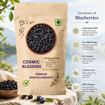 Cosmic Blessing Natural Premium California Blueberries Without added Sugar | Dried Seedless Blueberries | Healthy & Tasty Whole & Dried Blueberry | Rich In Calcium And Vitamin K | Non-GMO