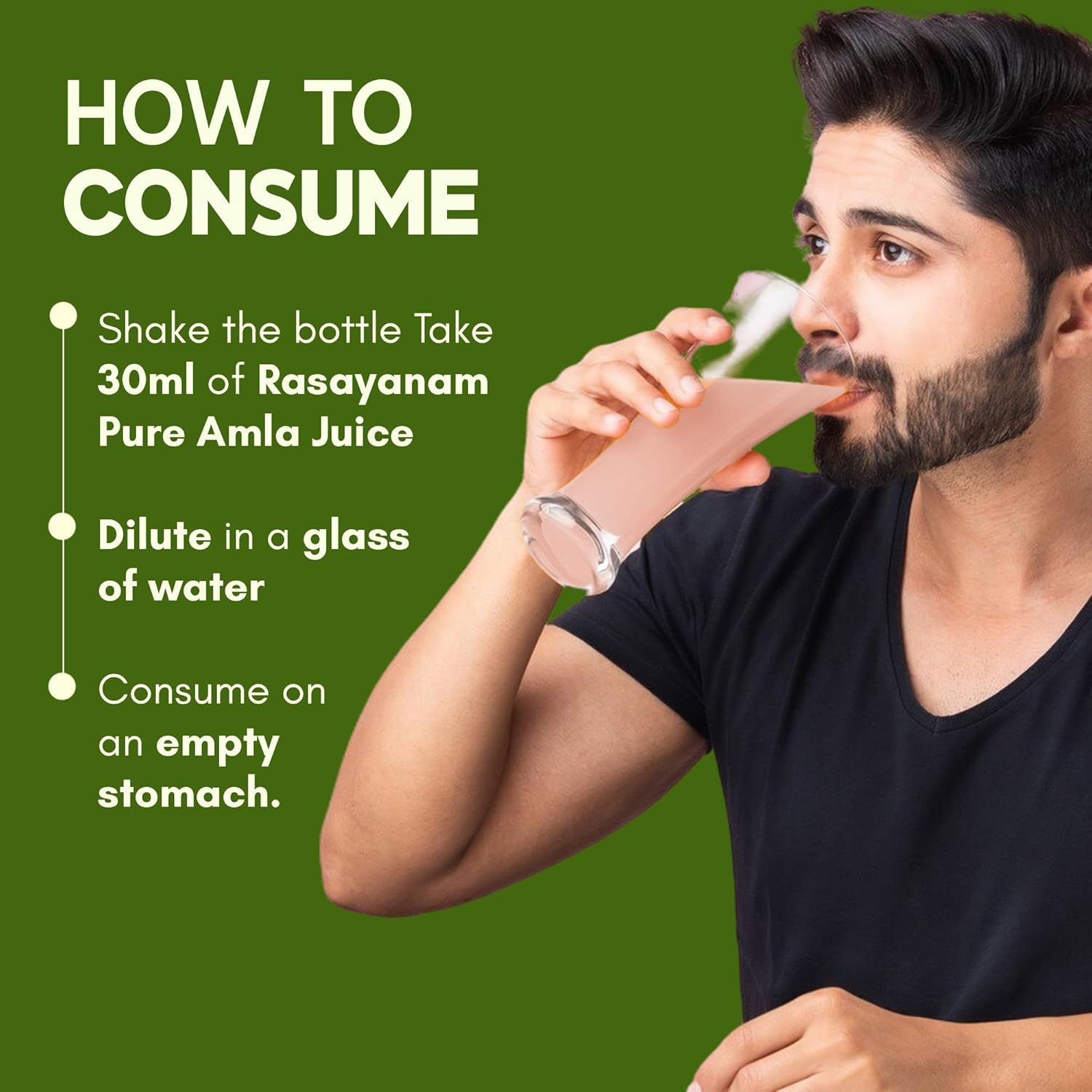 Man drinking from a bottle with text on how to consume Rasayanam Pure Amla Juice.