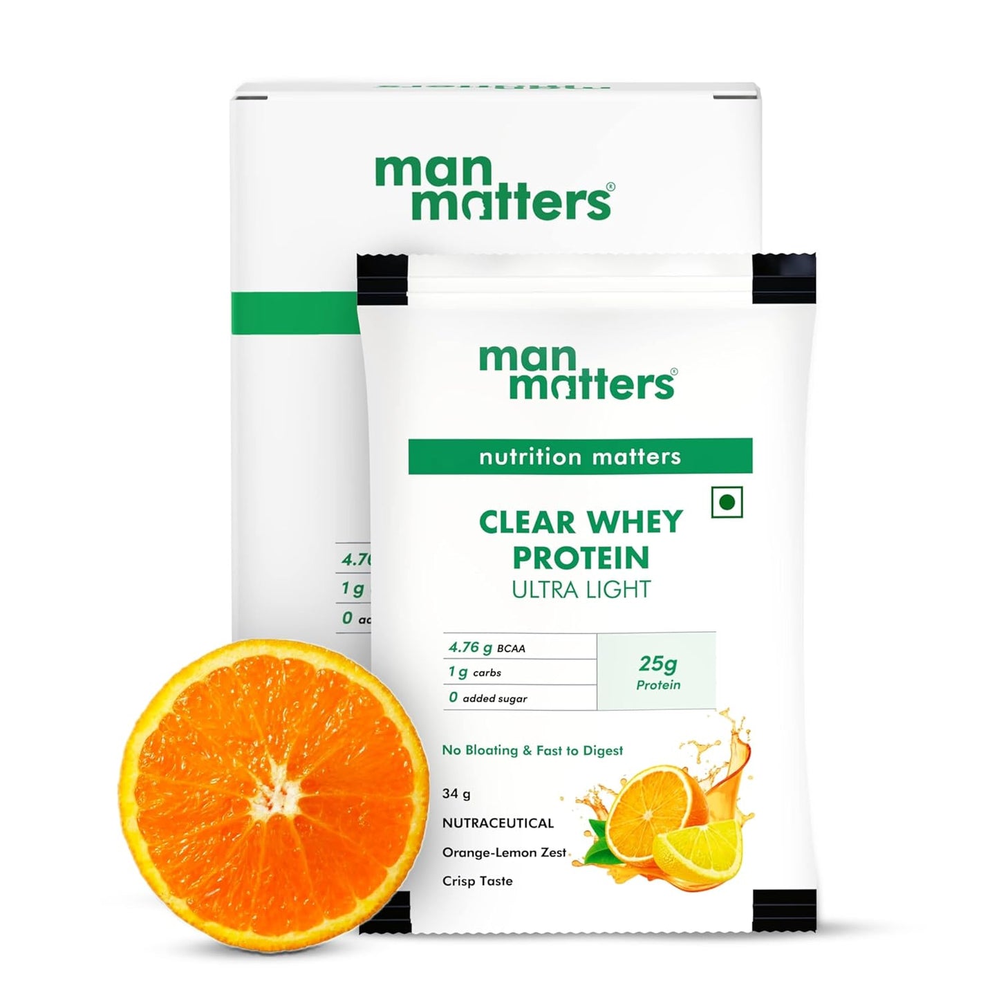 Man Matters Clear Whey Protein Powder (Orange Flavour) | No Added Sugar | For Muscle Support & Recovery | Ultra Light Formulation | 170g (34g x 5 Sachet) | Vegetarian & Gluten Free