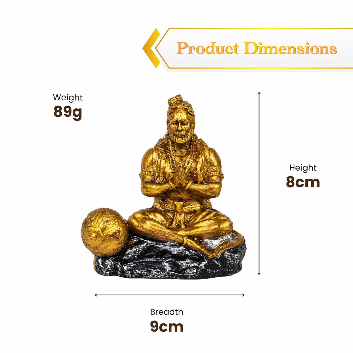 Gold Hanuman Idol for Car Dashboard, 9 cm Resin Hand-Painted Bajrangbali Statue, Hindu Religious Decorative Idol for Car, Home Mandir & Living Room, Spiritual Gift