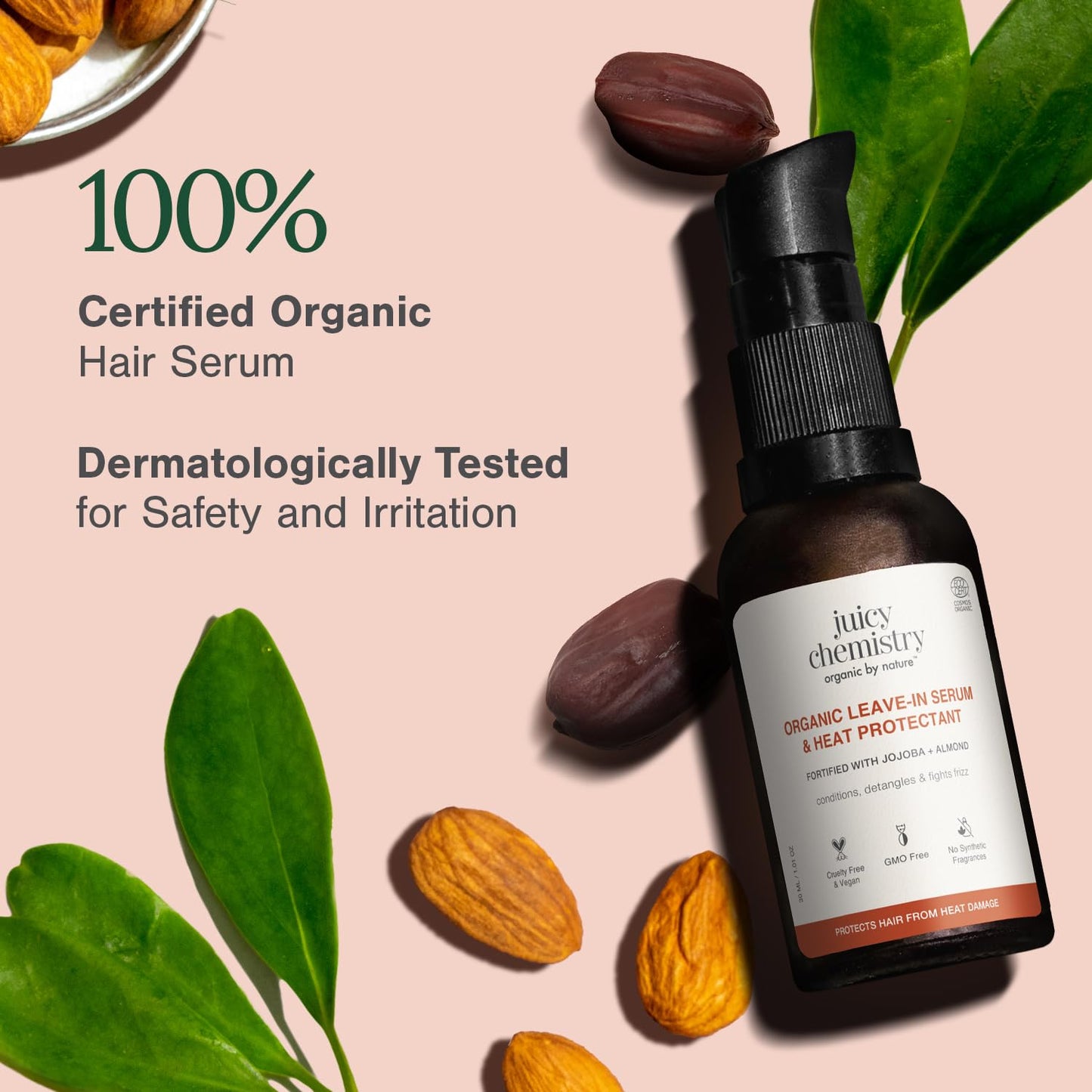 Juicy Chemistry Certified Organic Leave-in Hair Serum & Heat Protectant, 30 ml | Nourishes & Protects Hair | Prevents Dryness & Fizz | Adds Natural Shine | With Jojoba & Almond Oil | Dermatologically Tested | Cruelty Free & Vegan