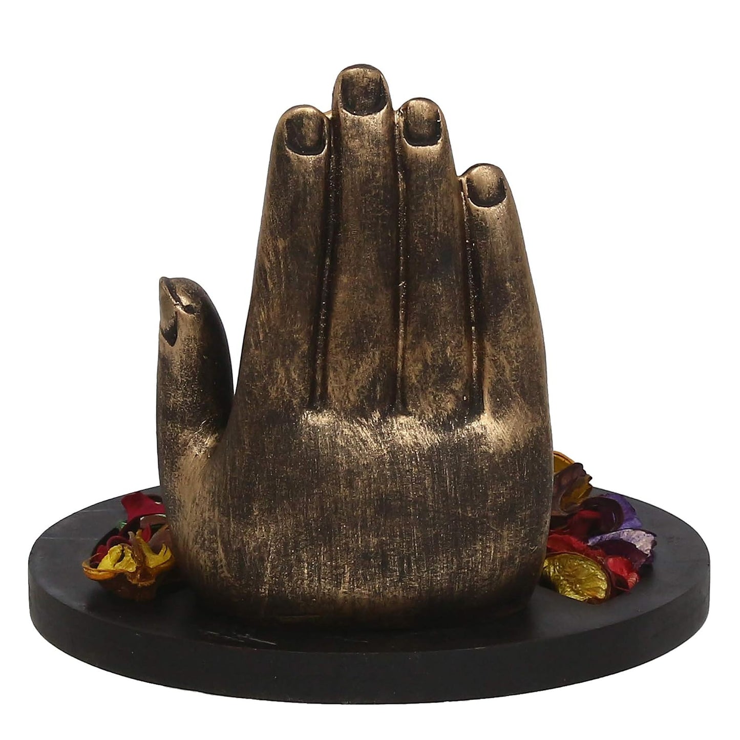 eCraftIndia Copper Finish Handcrafted Palm Buddha Decorative Showpiece with Wooden Base, Fragranced Petals and Tealight