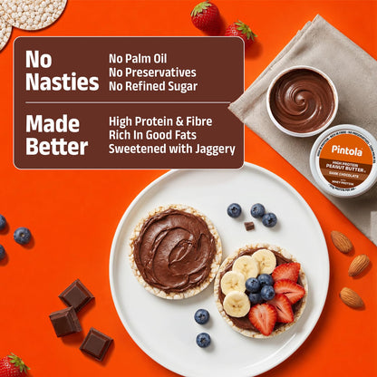 PINTOLA High Protein Peanut Butter Chocolate Flavour Creamy, Added WHEY Protein, 30g Protein 6.2g Fiber, Gluten Free, Zero Trans Fat, Dark Chocolate Peanut Butter Spread, Nut Butter Bread Snacks