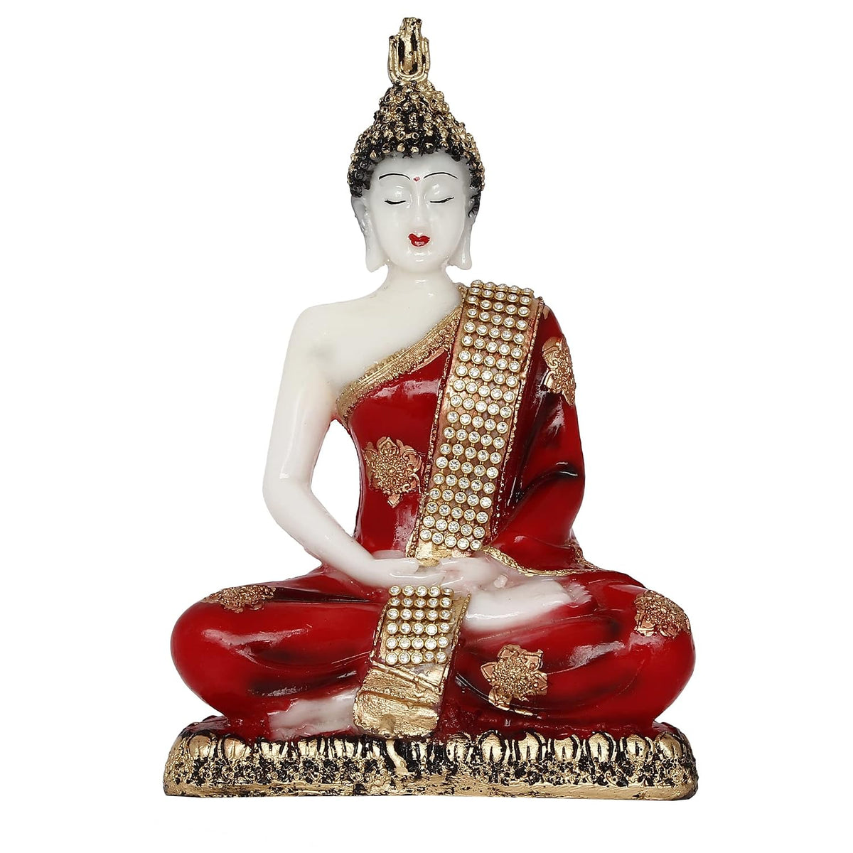 White, Red & Golden Polyresin Handcrafted Meditating Lord Buddha Statue - Perfect For Home And Office Decor - Ideal For Meditation, Yoga Enthusiasts - Thoughtful Gift For Diwali, Birthdays