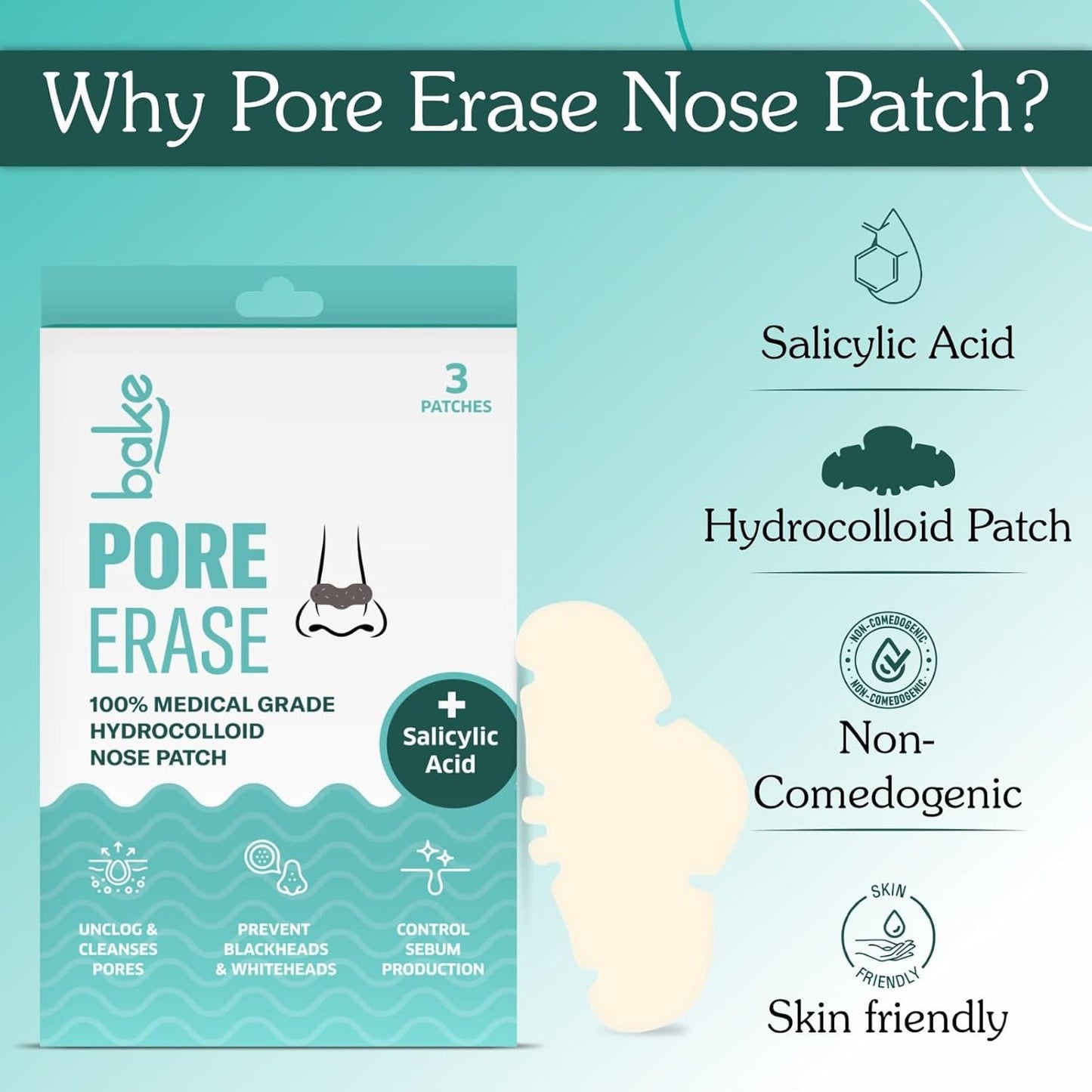 BAKE 2% Salicylic Acid Nose Strips for Pore Cleansing & Blackheads Removal | Hydrocolloid Nose Strips for Control Sebum Production