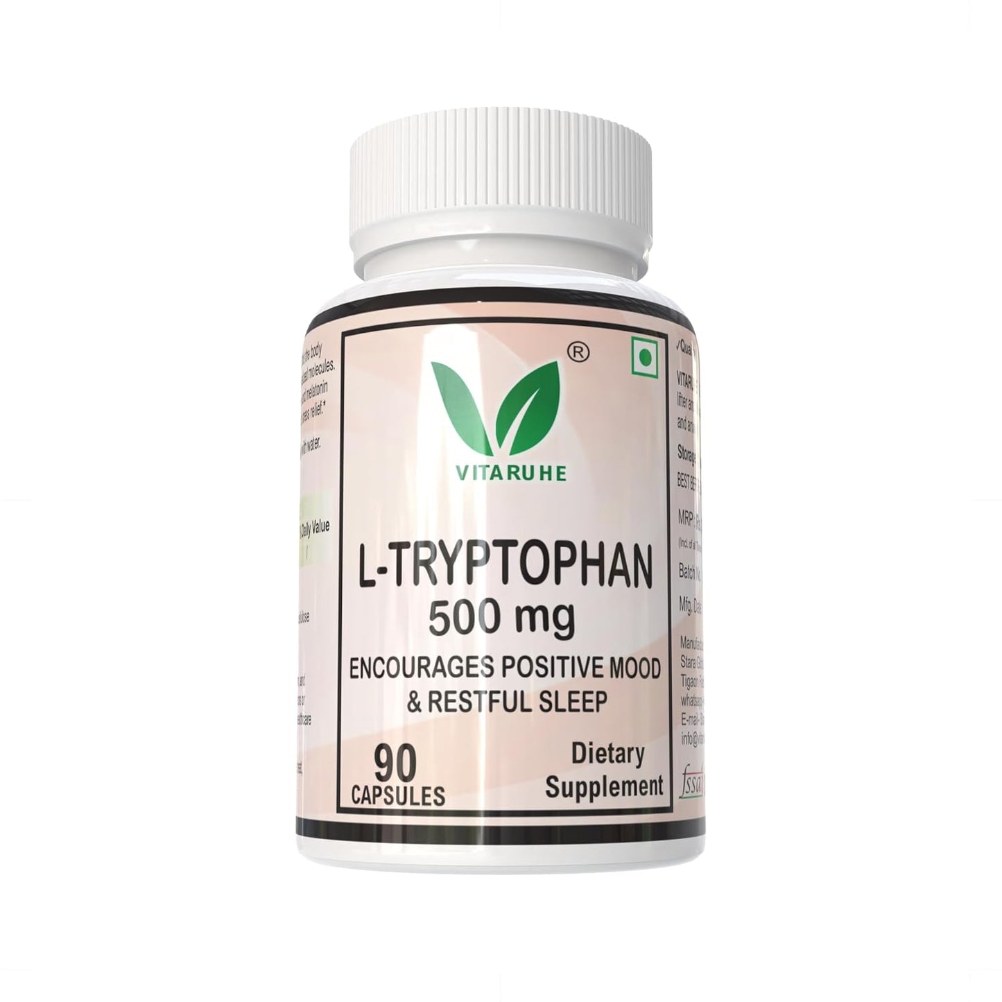 Vitaruhe® L-Tryptophan 500 mg per Capsule, 90 Vegan Capsules for 3 Months, Pure Essential Amino Acid, Natural & Fermented, High Strength Supplement Without Additives