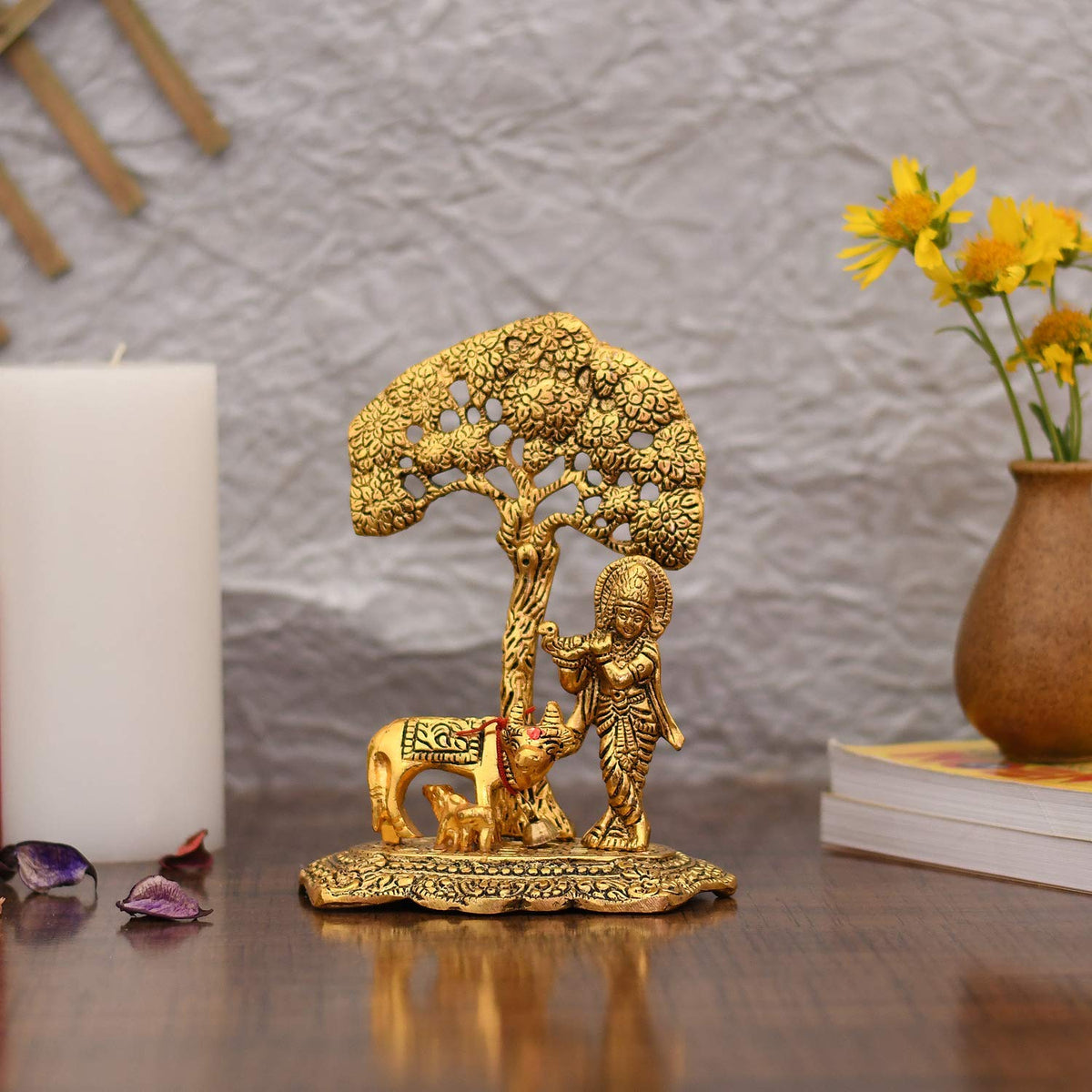 Collectible India Metal Krishna Idol Murti with Kamdhenu Cow - Gold Plated Showpiece (Set of 5)