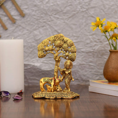 Collectible India Metal Krishna Idol Murti with Kamdhenu Cow - Gold Plated Showpiece (Set of 5)