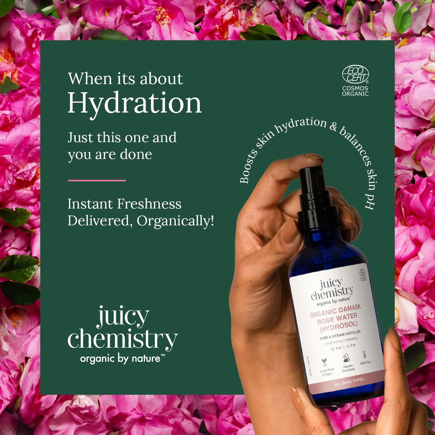 Juicy Chemistry Organic Damask Rose Water (Hydrosol), 100 ml | 100% Pure Steam Distilled | Brightens & Promotes Even Skin Tone | Boosts Skin Hydration | Dermatologically Tested | Clinically Proven