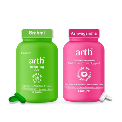 Arth Hormone Balance & Brain Fog Combo for Women | Perimenopause Support Tablets for hot flashes & night sweats + Enhanced absorption Brahmi Capsules for Memory, Focus & Mental Clarity Support