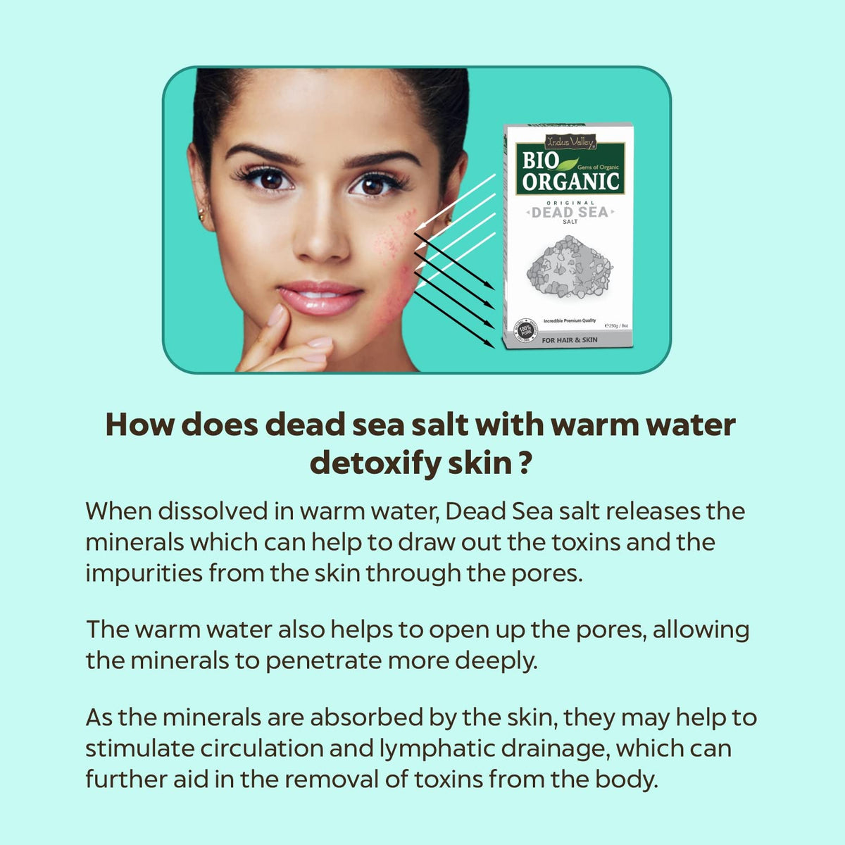 Woman with a product labeled 'Bio Organic Dead Sea' on a light blue background