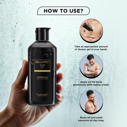 Bellavita CEO shower gel bottle with usage instructions on a textured background