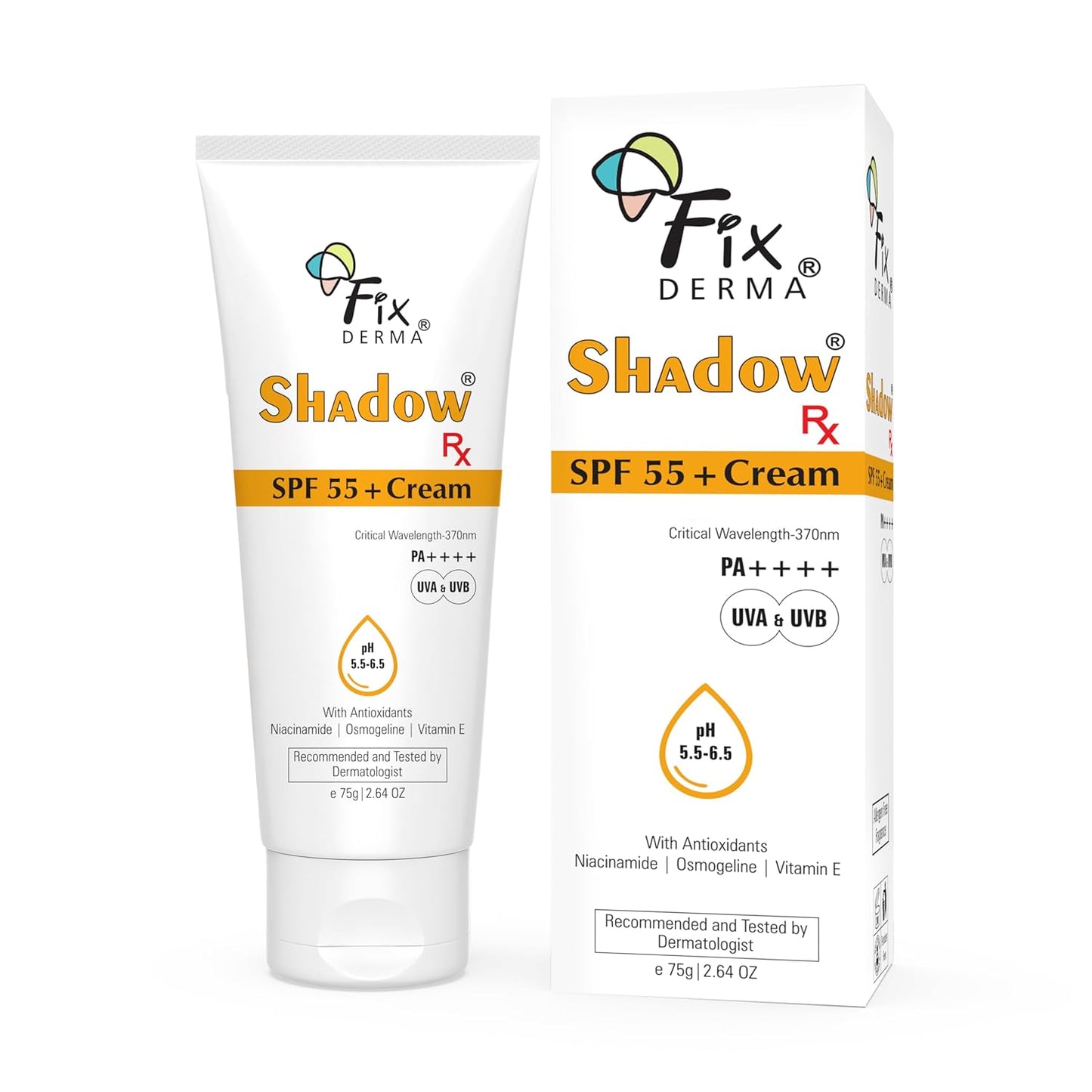 Fixderma Shadow SPF 55+ Cream PA++++ | Sunscreen for Dry Skin | Hybrid Sunscreen with UVA & UVB Filters, Antioxidants, IR Protection and Blue Light Protection Lightweight - 75gm
