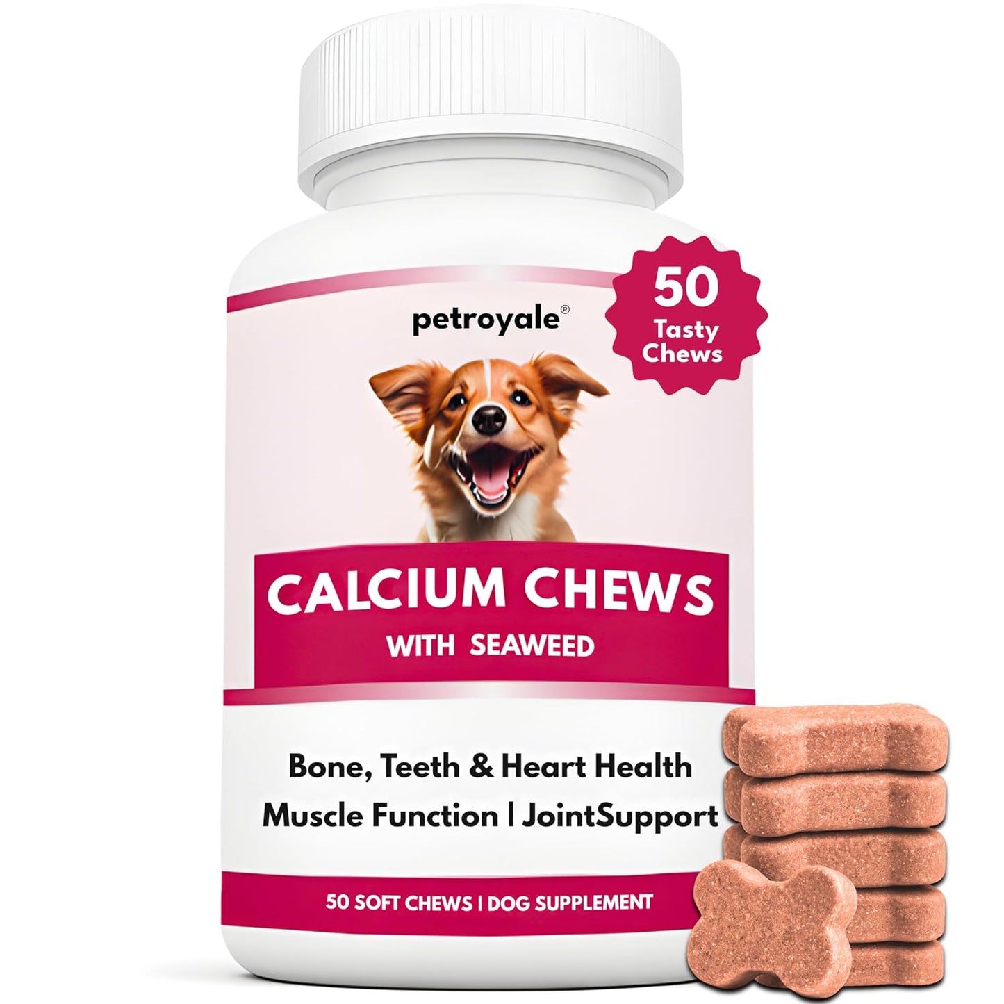 Petroyale Calcium Chews for Dogs - Calcium Supplement for Dogs with Multivitamins - Dog Calcium Tablets for Strong Bones, Joints & Teeth - Calcium for Dog Soft Chew - 50 Chewable Soft Chews