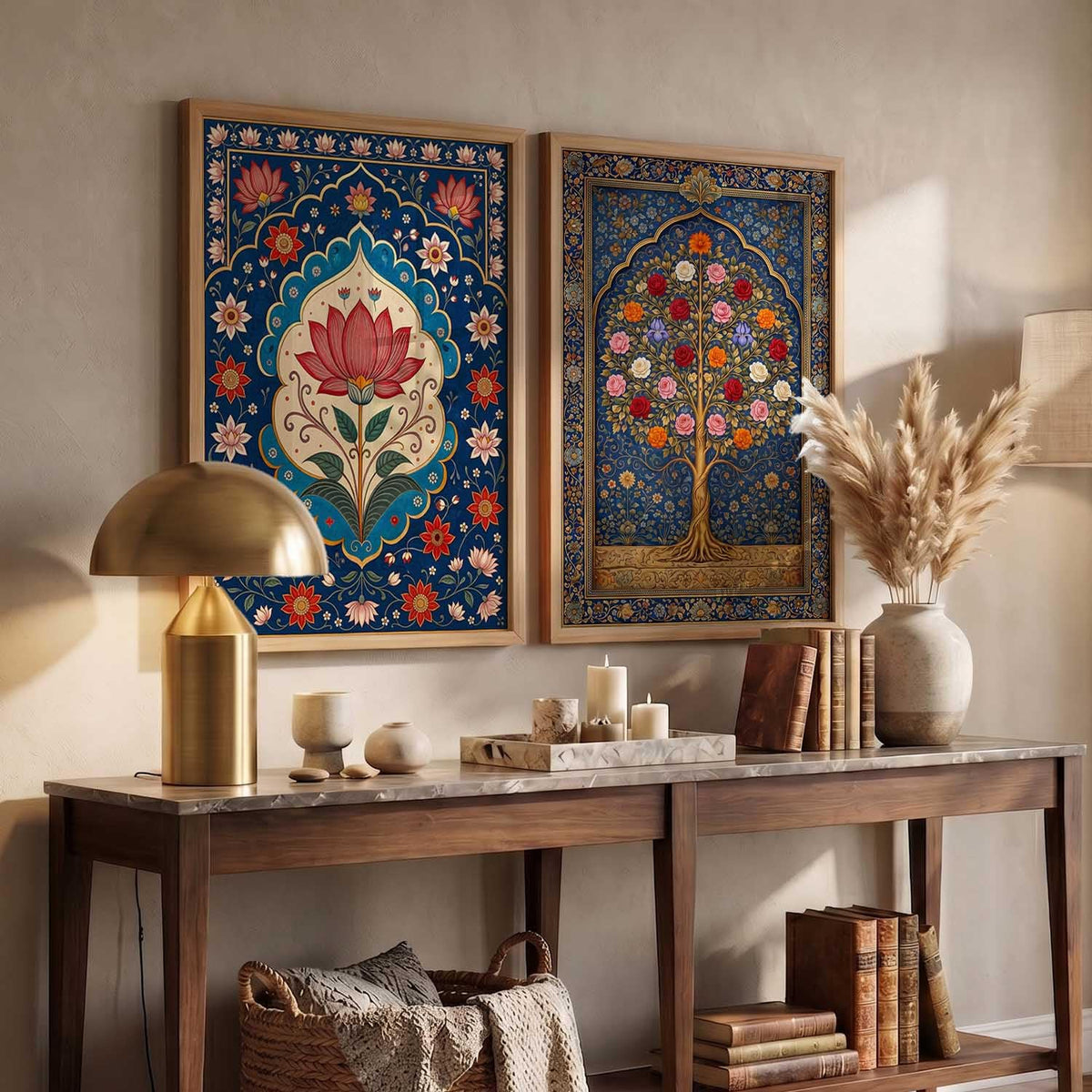 Decorative Indian Traditional Madhubani Wall Art Home Decor Painting poster With Frame For Living Room Bed Room Hotel Wall Decor Digital Reprint Set of 2 (13X17 inch)