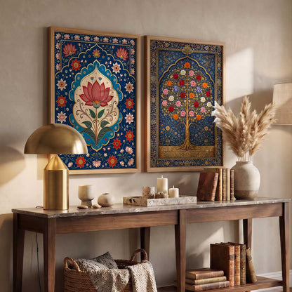Decorative Indian Traditional Madhubani Wall Art Home Decor Painting poster With Frame For Living Room Bed Room Hotel Wall Decor Digital Reprint Set of 2 (13X17 inch)