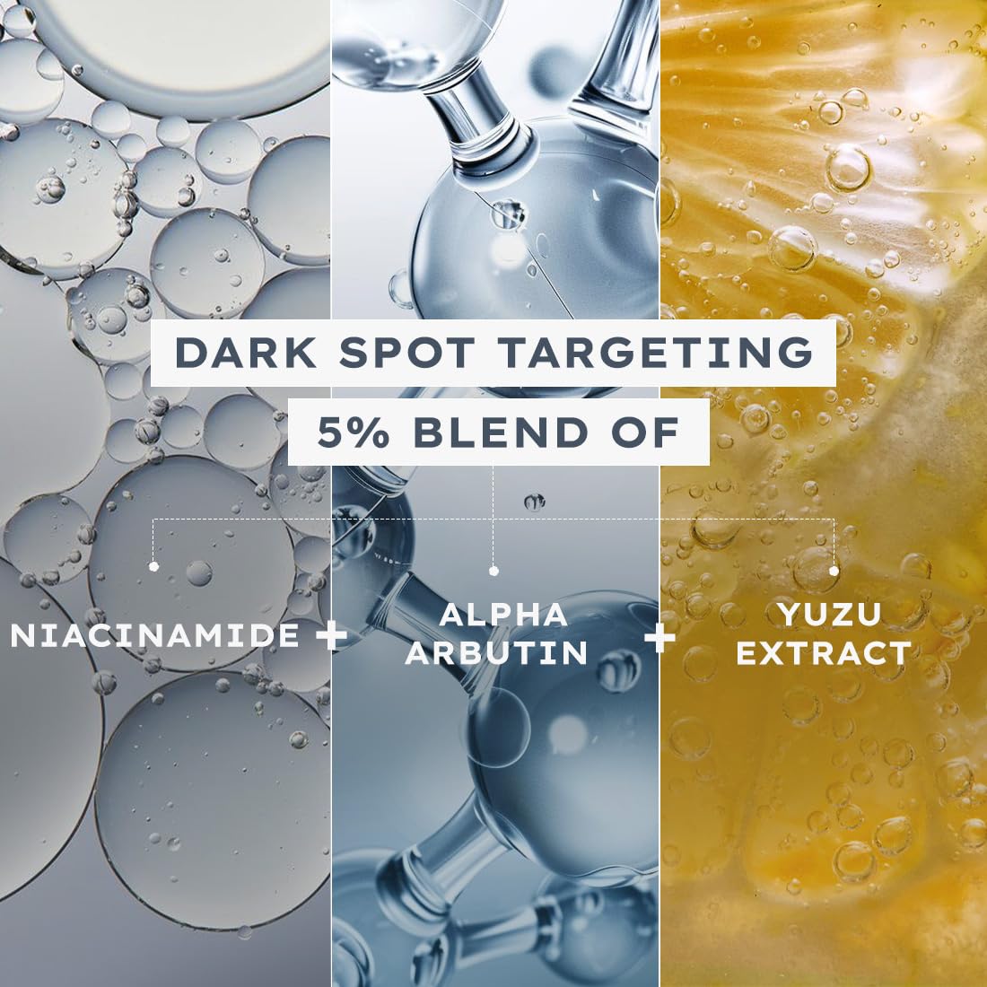 Collage of skincare product ingredients with text on dark spot targeting blend.