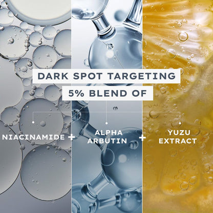 Collage of skincare product ingredients with text on dark spot targeting blend.