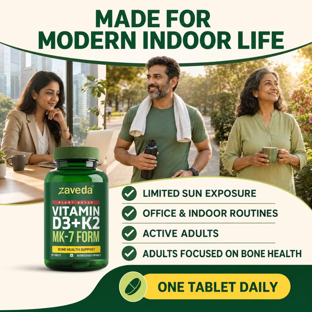 Zaveda Vitamin D3 K2 Supplement, 120 Veg Tablets Plant-Based D3 600 IU + K2 MK7, Supports Bone Strength, Calcium Absorption & Heart Health, Premium Daily Wellness