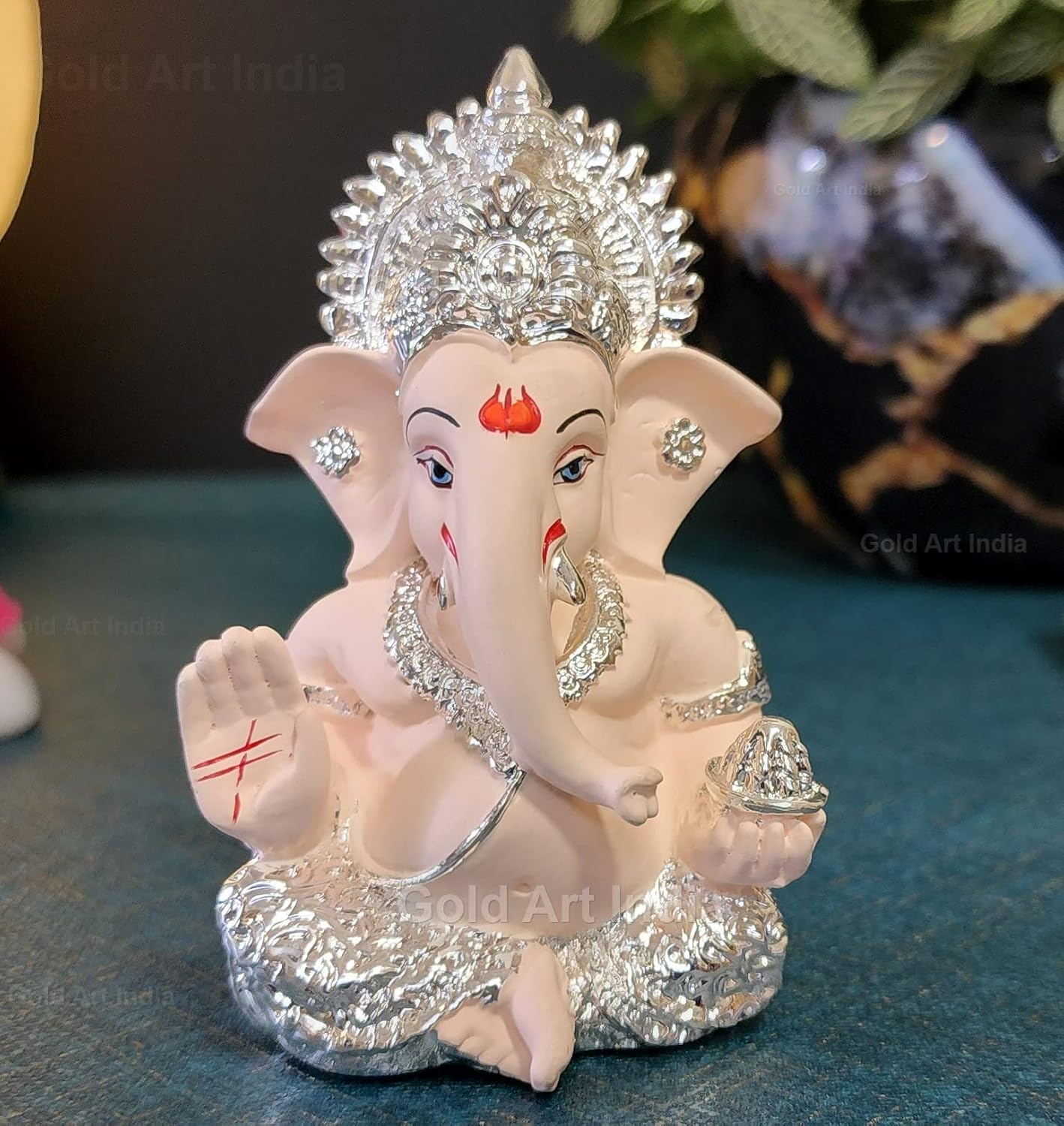 Gold Art India 999 Silver Plated Ganesh Idol for Car Dashboard God Ganesha Idol for Home Decor Ganpati for Gift Home Office Table Shelves Gifting 3.5 inches (Silver) (Silver Cherry Blossom), Idol