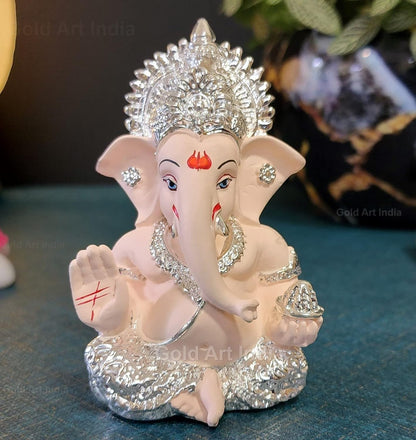 Gold Art India 999 Silver Plated Ganesh Idol for Car Dashboard God Ganesha Idol for Home Decor Ganpati for Gift Home Office Table Shelves Gifting 3.5 inches (Silver) (Silver Cherry Blossom), Idol