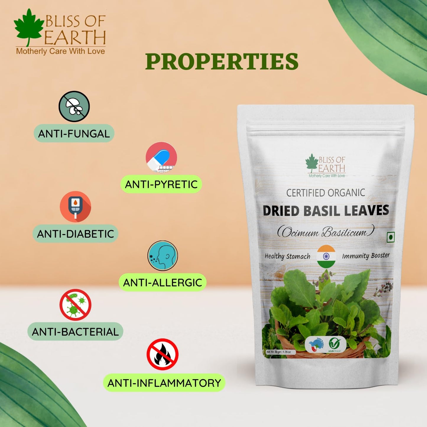 Bliss of Earth Organic Dried Basil Leaves Tulsi leaf Aromatic Culinary Delights Great for Tea, Soup, Salad Health & Immunity 50g