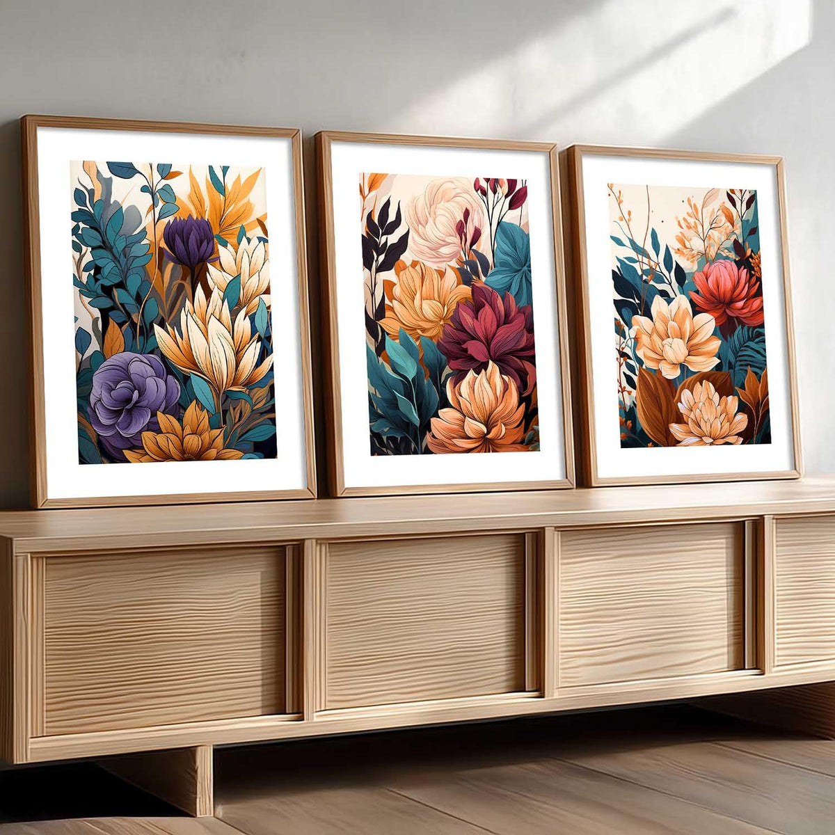 Floral Art Home Decoration Floral Paintings With Frame For Living Room Bed Room Hotel Wall Decor Digital Reprint Set of 3 (13x17 inch)
