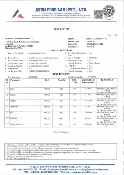 Avon Food Lab test report with sample details and test results.