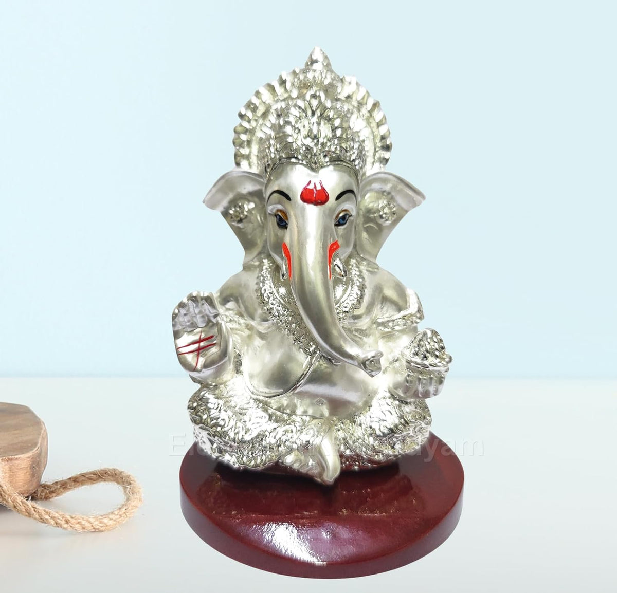 Handcrafted Poly Resin Ganesha Statue with Base - Perfect for Car Dashboard, Office Desk, Shelves, and Home Decor - Ideal Housewarming Gift! (MUKUTSILVEREMERYMDF)