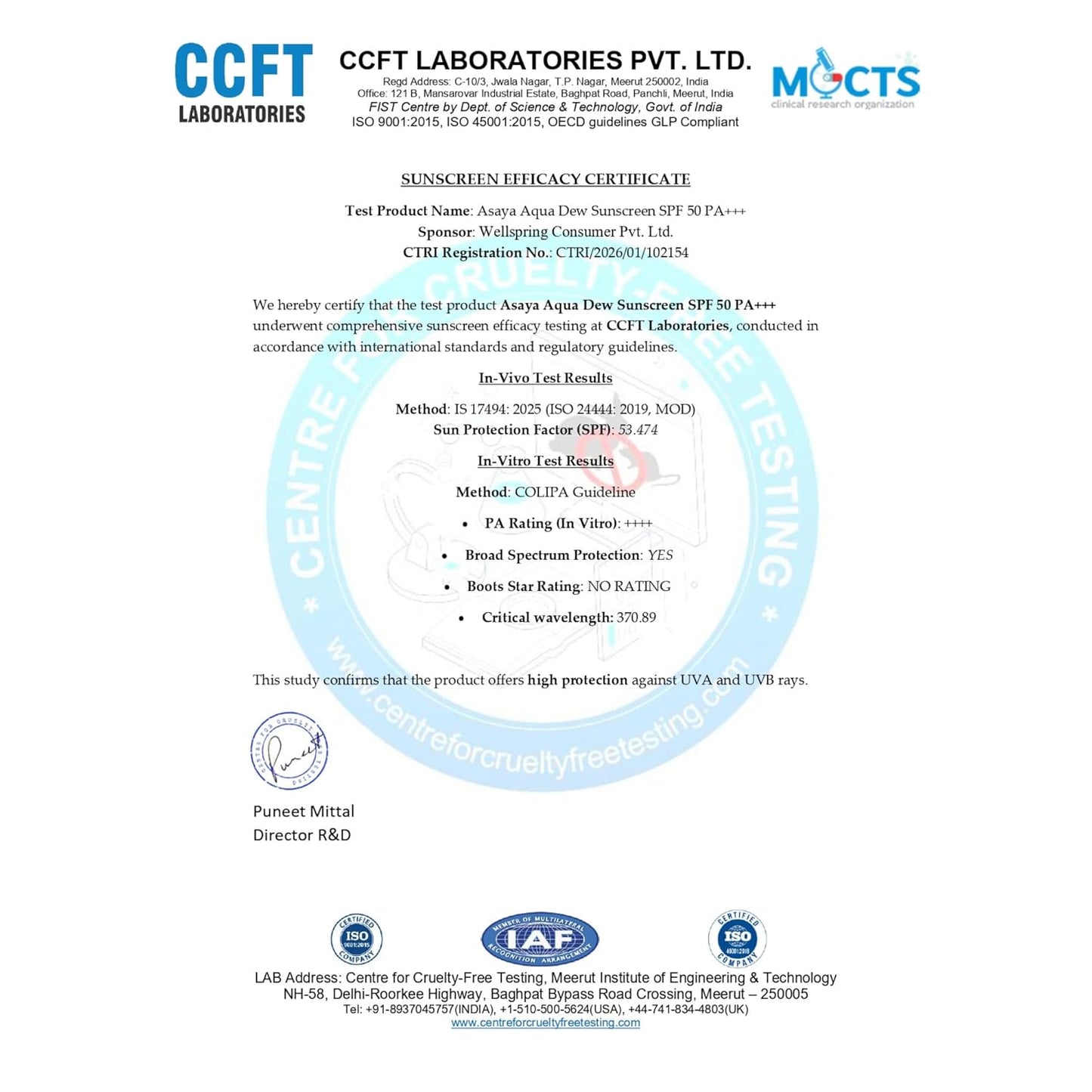 CCFT Laboratories Pvt. Ltd. sunscreen efficacy certificate on a white background