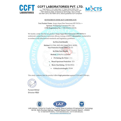 CCFT Laboratories Pvt. Ltd. sunscreen efficacy certificate on a white background
