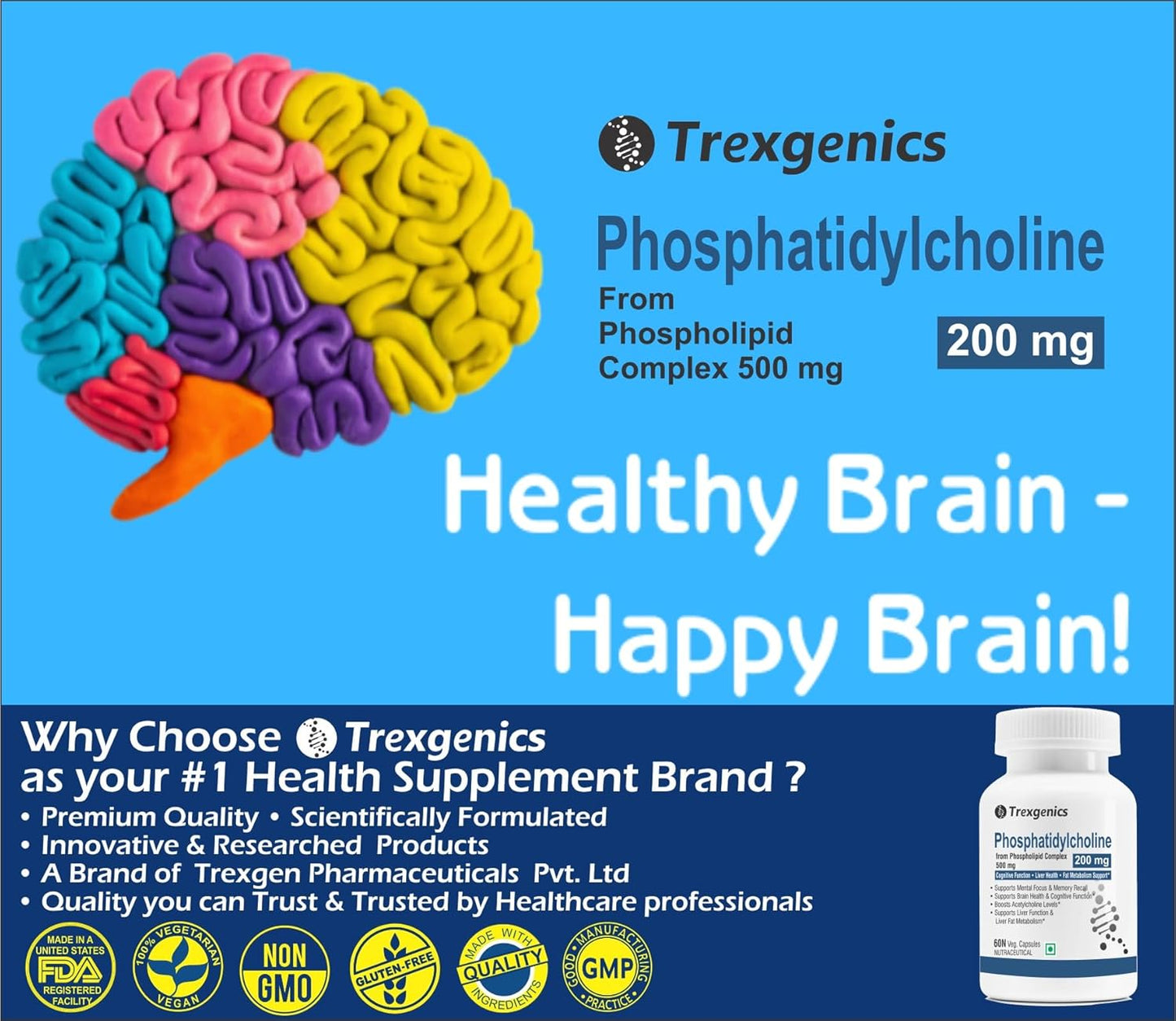 Trexgenics PHOSPHATIDYLCHOLINE 200 mg from Phospholipid Complex 500 mg, Cognitive Function, Liver and Brain Health, Fat Metabolism Support (60 Veg Capsules) (Pack of 1)