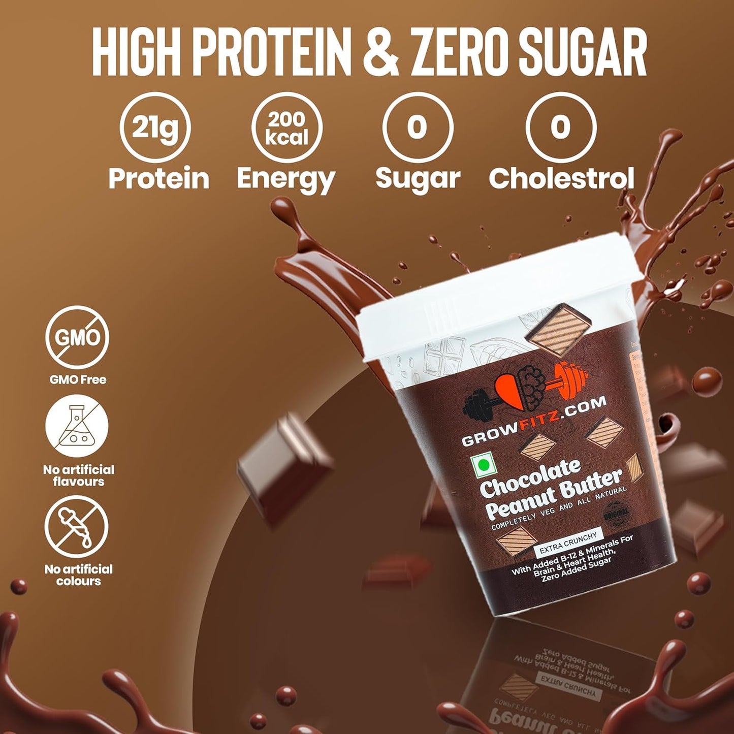 Growfitz Peanut Butter Chocolate Crunchy 200g | 24g High Protein Peanut Butter | 7g Fiber | Tasty & Healthy Nut Butter Spread for Breakfast | Roasted Peanuts | Zero Sugar (Pack of 1)