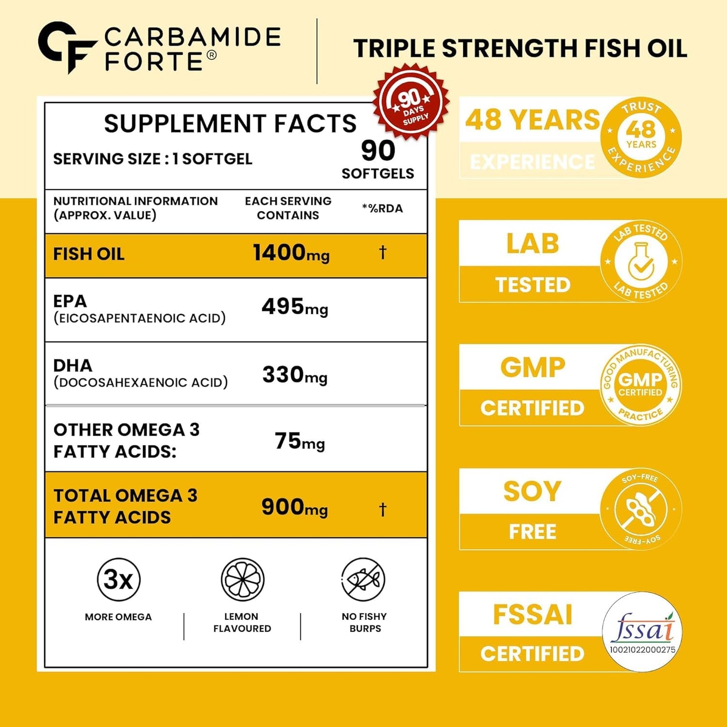 Carbamide Forte Omega 3 Fish Oil Capsules Softgel | Fish Oil Omega 3 Supplement | Omega3 Fatty Acid Fishoil Supplement To Support heart, Joints & Skin - 1400mg | 90 Sofetgel Capsules
