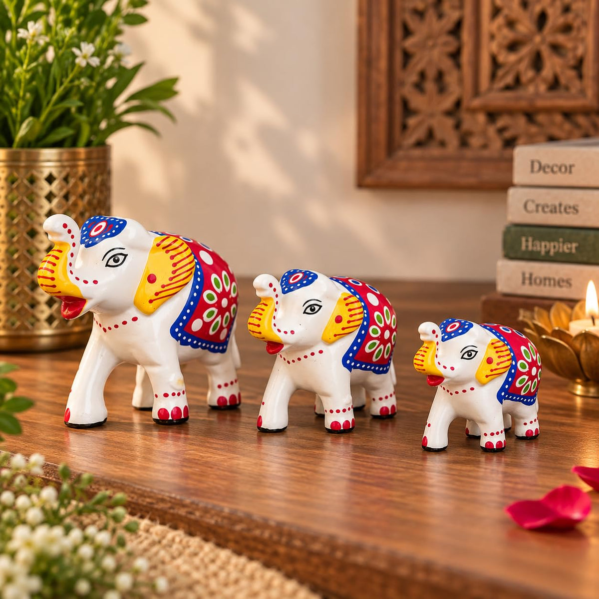 eCraftIndia Set of 3 Elephant Statues for Good Luck| Animal Figurines Decorative Elephant Showpieces| Elephant Decorative Items for Home Living Room Office| Gift for Diwali Birthday Housewarming