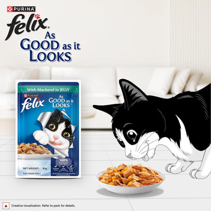 Purina Felix Mackerel in Jelly, Wet Food for Adult Cats, 85g Pouch | With Mackerel in Jelly, Tasty Meaty Chunks, 100% Complete & Balanced Nutrition, Vitamins D & E, Omega 6, Essential Minerals