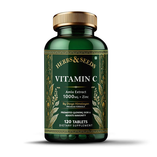 Green bottle of Herbs & Seeds Vitamin C supplement on a white background