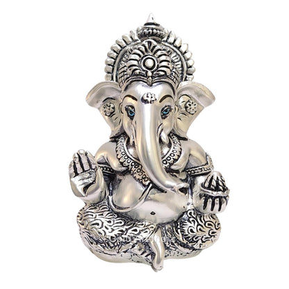 Gold Art India 999 Matte Silver Plated Antique Mukut Ganesha - 3.5" - Perfect for Gifting, Home Decor, Car Dashboard Murti Ganpati Idol for Home Decor Puja Statue Gift for Office Desk Puja Room, God