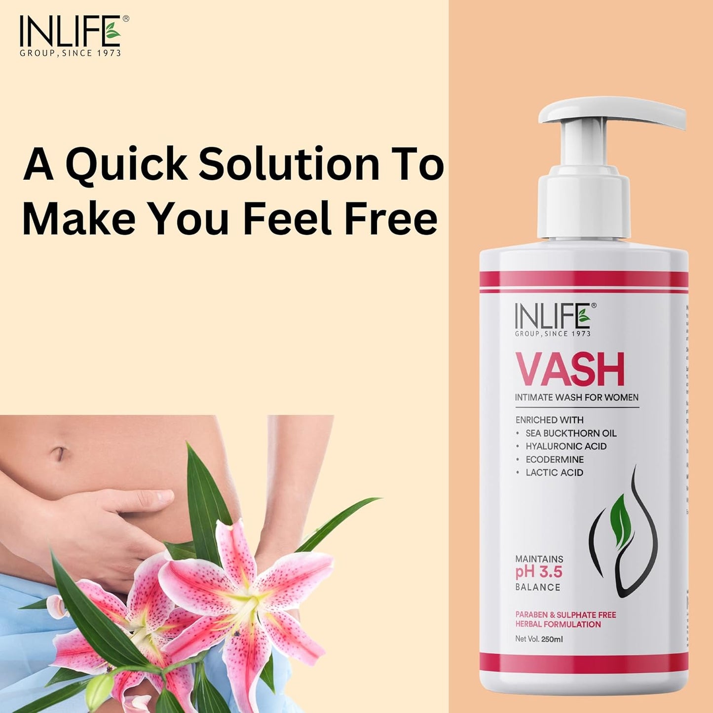 INLIFE Vash Intimate Wash for Women 250ml | Intimate Hygiene | Feminine Wash for Odour, Anti-Bacterial properties | Maintains pH levels (Pack of 1, 250)