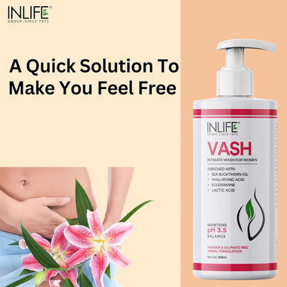 INLIFE Vash Intimate Wash for Women 250ml | Intimate Hygiene | Feminine Wash for Odour, Anti-Bacterial properties | Maintains pH levels (Pack of 1, 250)