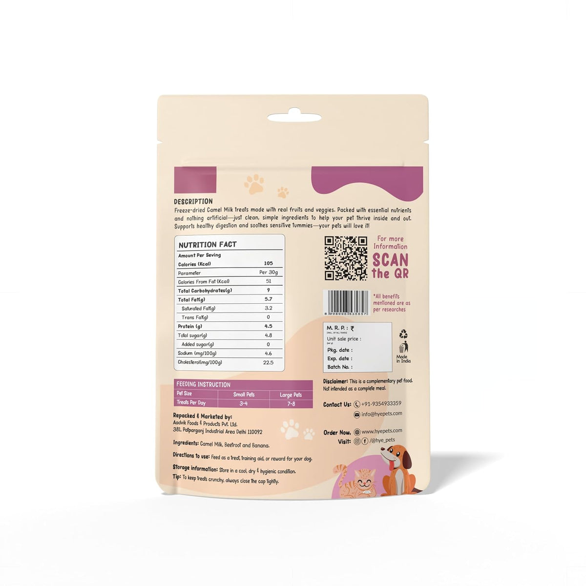 HYE Pets Super Treats for Super Pets – Freeze Dried Treats Made with Camel Milk, Beetroot & Banana | 30g