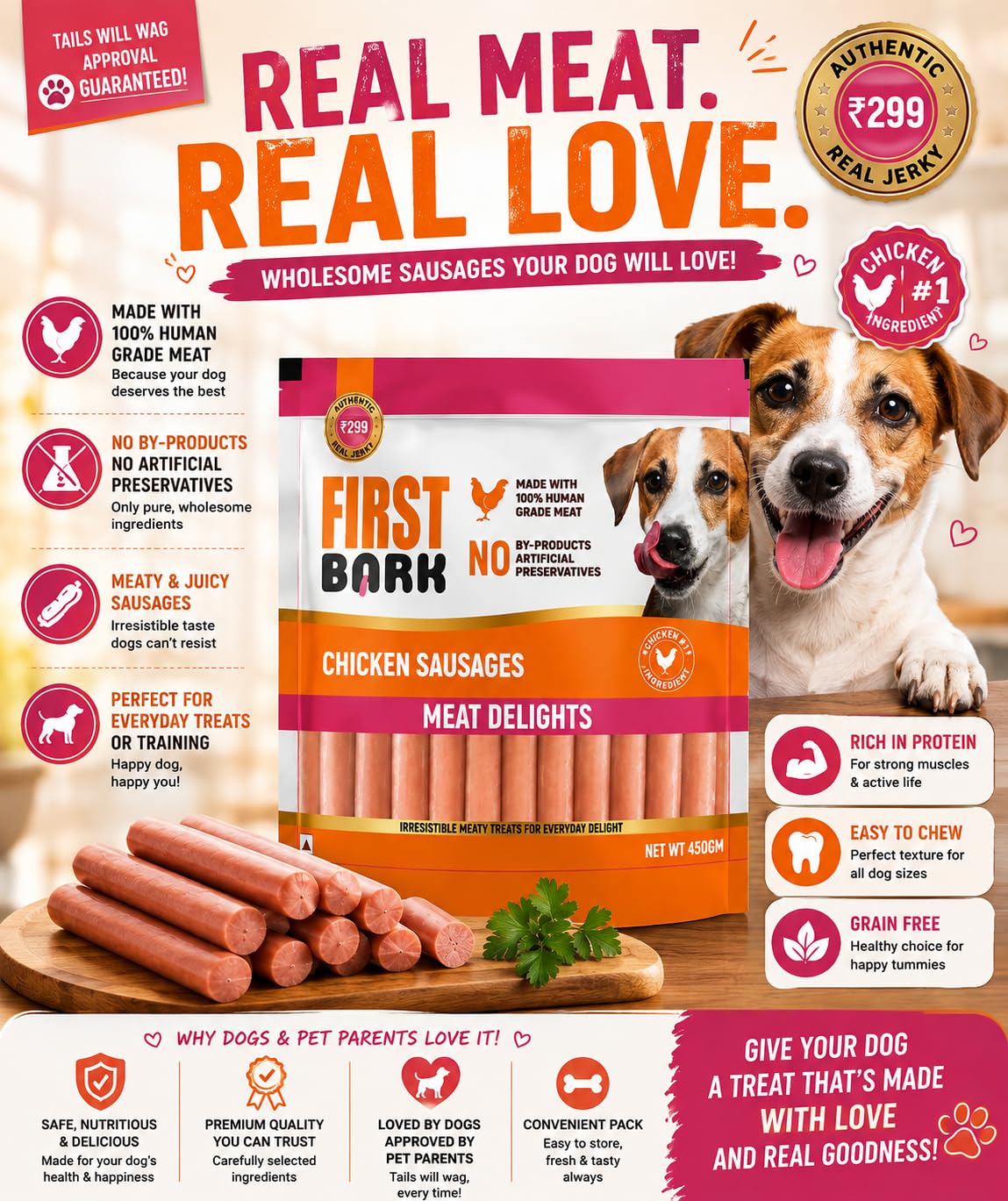 First Bark Chicken Sausages for Dogs 450g (Pack of 1), High Protein Made with 100% Human Grade Chicken Meat Dog Treats, Soft & Tasty Training Snacks for All Dog Breeds Newly Launched By DogsNCats