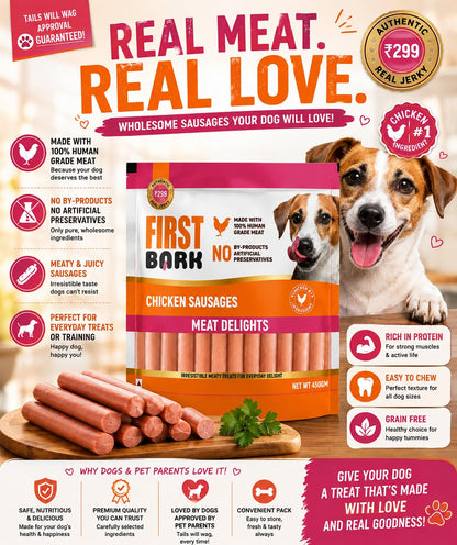 First Bark Chicken Sausages for Dogs 450g (Pack of 1), High Protein Made with 100% Human Grade Chicken Meat Dog Treats, Soft & Tasty Training Snacks for All Dog Breeds Newly Launched By DogsNCats
