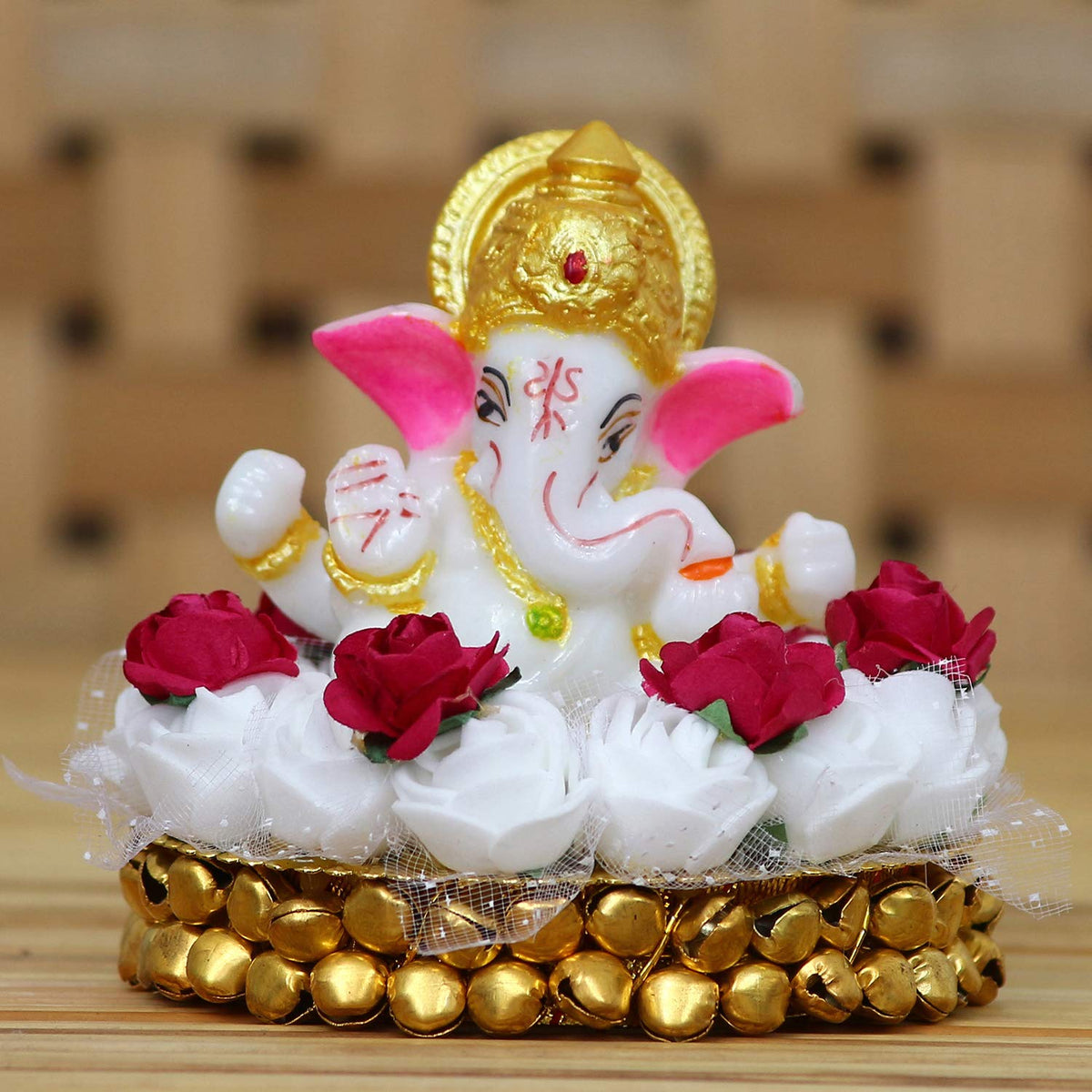 Lord Ganesha Idol on Decorative Handcrafted Plate with White Flowers
