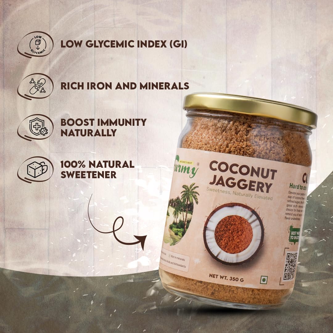 Farmy Coconut Palm Sugar | Natural Sweetener Low Glycemic Index | Unrefined Coconut Jaggery Powder in Glass Jar | No Preservatives Vegetarian Sugar Alternative for Cooking Baking Beverages (350g)