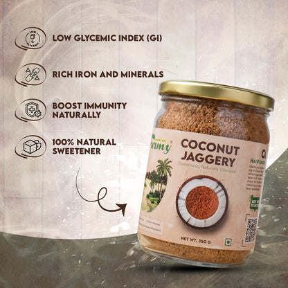 Farmy Coconut Palm Sugar | Natural Sweetener Low Glycemic Index | Unrefined Coconut Jaggery Powder in Glass Jar | No Preservatives Vegetarian Sugar Alternative for Cooking Baking Beverages (350g)