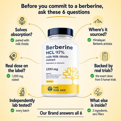 The Oak Age Berberine HCl 97% with Milk Thistle Supplement, 1200 mg| 60 Capsules
