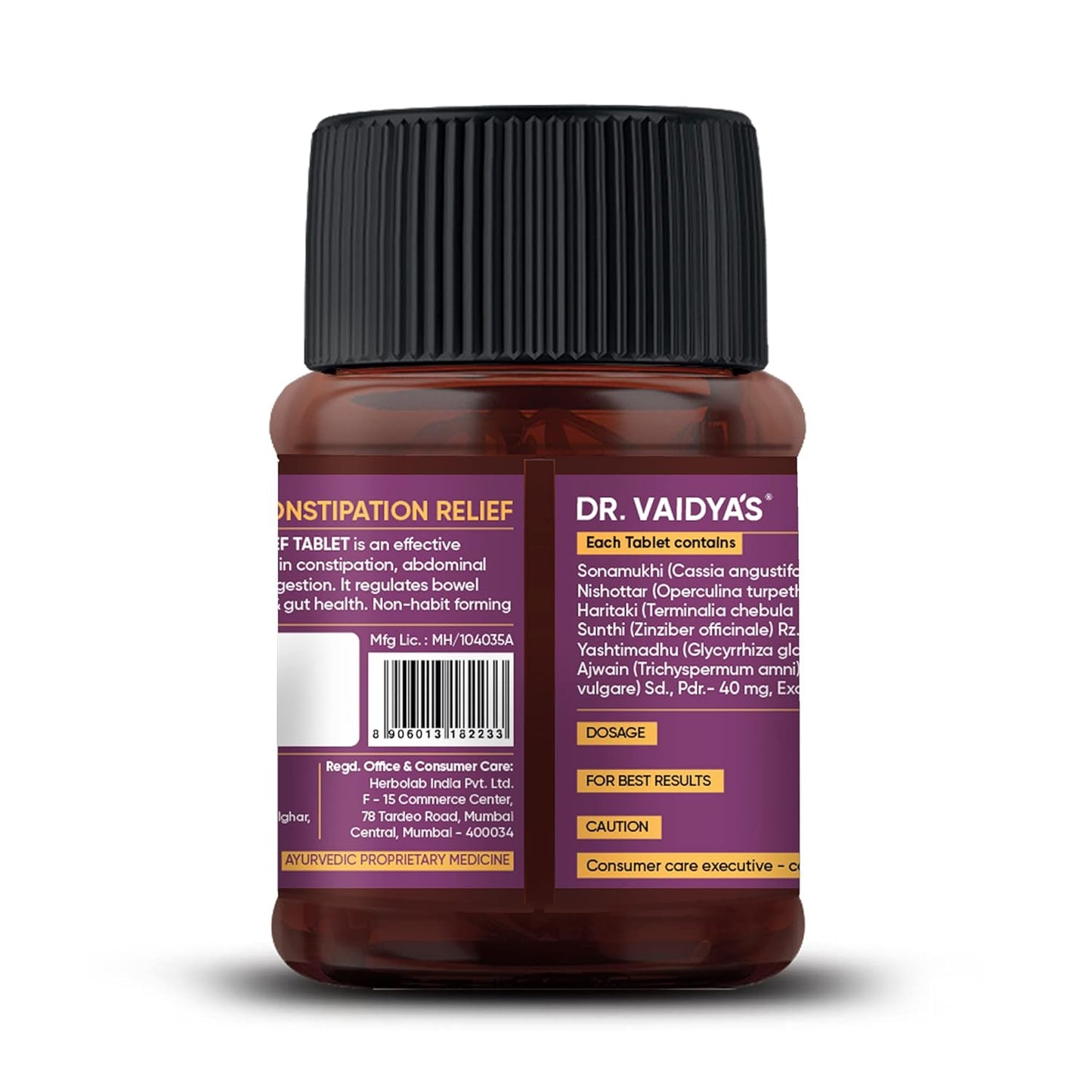 Dr. Vaidya's Constipation Relief Tablets | Improves Digestion & Regulates Bowel Movement | Sonamukhi, Haritaki & Sunth | (30 Tablets)