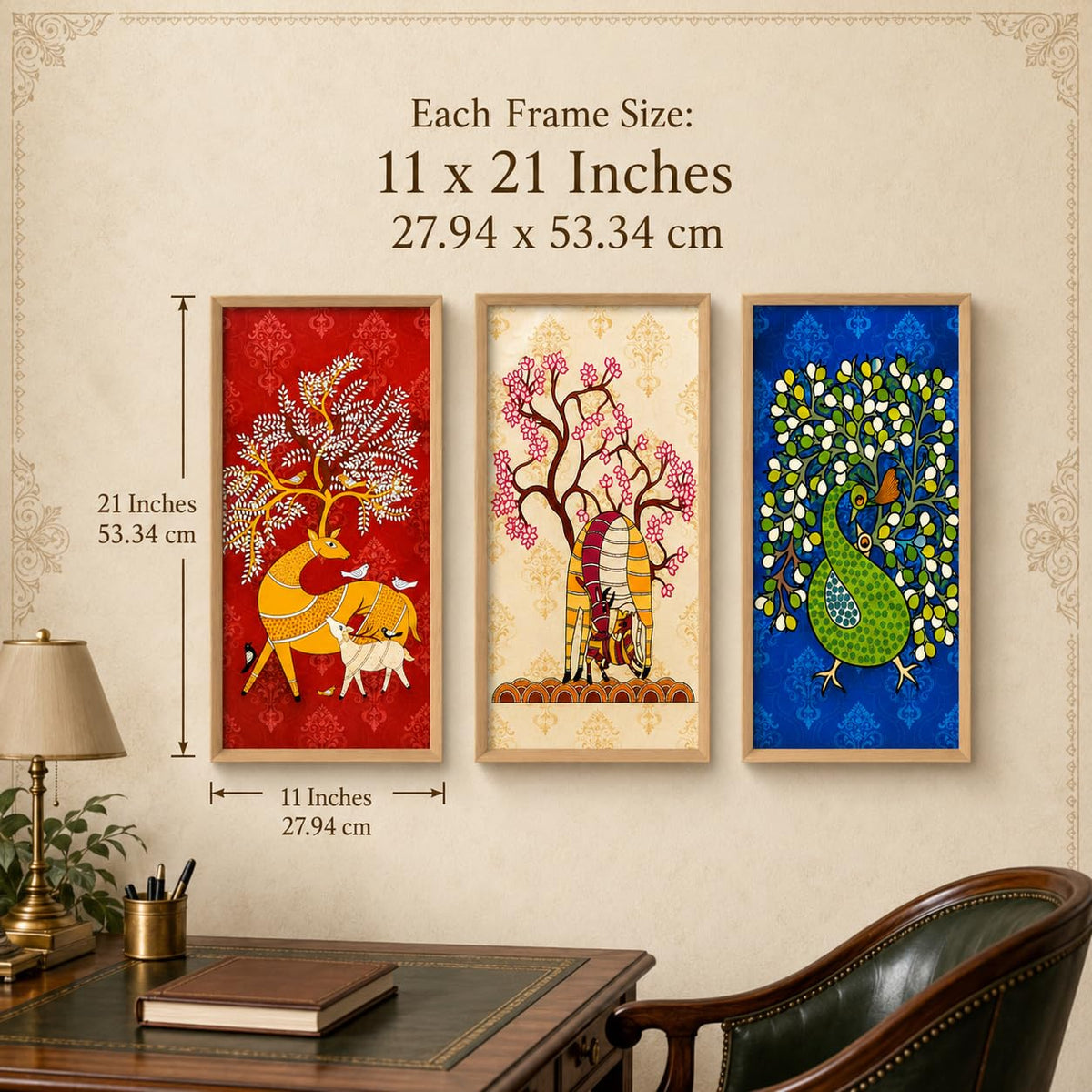 Set of 3 Folk Animal Tree Wall Paintings with Sparkle Laminate, Premium Wooden Synthetic Frame, Deer Elephant Peacock Art for Living Room Bedroom Decor
