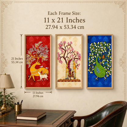 Set of 3 Folk Animal Tree Wall Paintings with Sparkle Laminate, Premium Wooden Synthetic Frame, Deer Elephant Peacock Art for Living Room Bedroom Decor